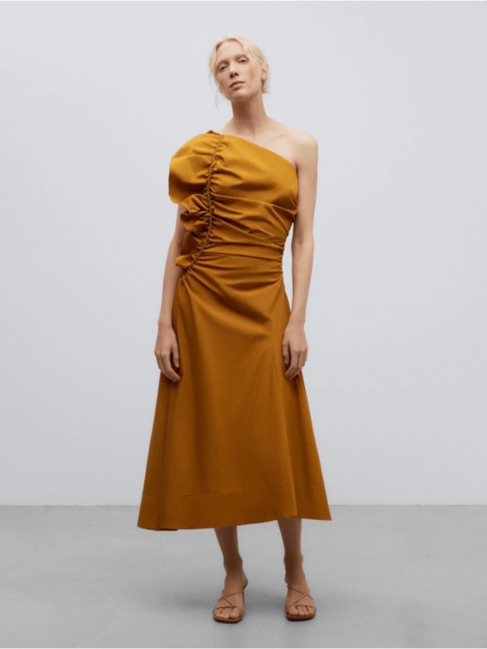 Adolfo Dominguez One-Shoulder Yellow Mustard Dress with Ruffle Detail Size 6